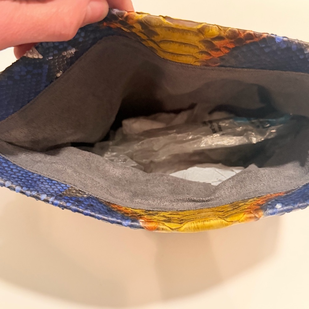 Mandalay Denim Canary Motif Python Leather Foldover Clutch Chain SClutch - Picture 9 of 11